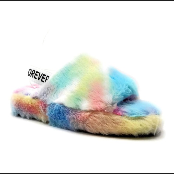 FOREVER FLUFFY SLIPPERS SOFT FAUX FUR SLIDE SANDAL OPEN TOE WITH ELASTIC STRAP - Picture 4 of 4
